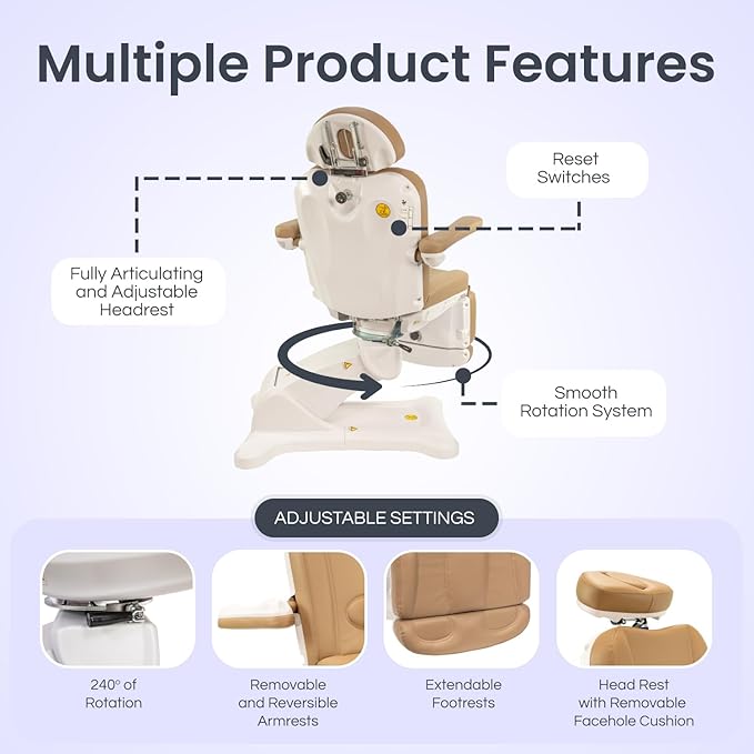 Professional Facial, Massage, and Medi Spa Exam Chair for Esthetician - All-Electric 4-Motor Procedure Table with 240° Swivel and Adjustable Headrest - 440lb Capacity, (Grey)