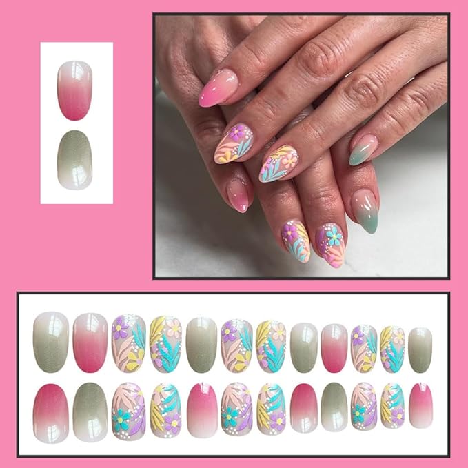 Short Almond Press on Nails Colorful Fake Nails Flower False Nails Floral Grass Gradient Design Glossy Summer Glue on Nail Acrylic Full Cover Stick on Nails for Women Decor Salon Manicure