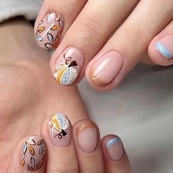 24Pcs Halloween French Tip Press on Nails Short Square Fake Nail Fall False Nail with Colorful Pumpkin Leaf Designs Blue Brown French Tip Nails Press ons Full Cover Glossy Glue on Nails for Women