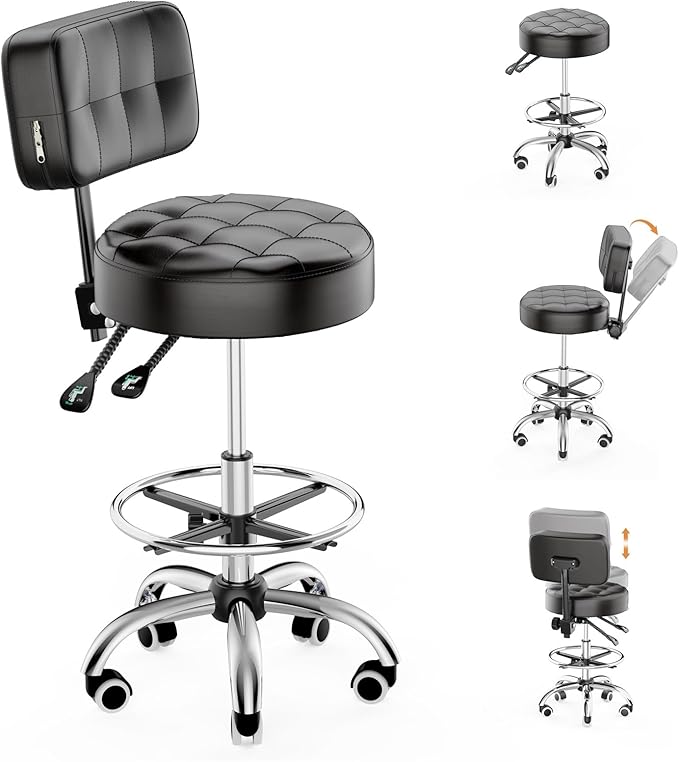 YJHome Rolling Stool, Rolling Stools with Wheels Foot Rest, Backrest Adjustable Height, Heavy Duty 400lbs Weight Capacity, Salon Spa Tattoo Massage Office Swivel Stool Chair (Black)