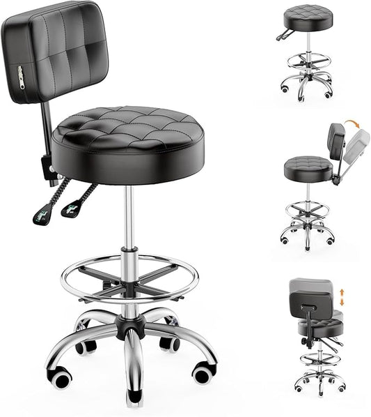 YJHome Rolling Stool, Rolling Stools with Wheels Foot Rest, Backrest Adjustable Height, Heavy Duty 400lbs Weight Capacity, Salon Spa Tattoo Massage Office Swivel Stool Chair (Black)