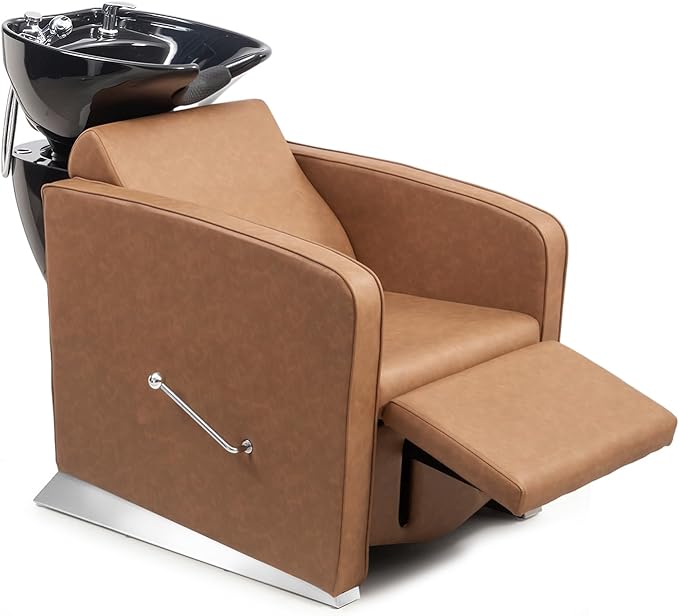 OmySalon Backwash Shampoo Unit for Salon, Hair Washing Station with Ceramic Bowl Adjustable Footrest, Reclining Shampoo Chair for Beauty Spa Barbershop