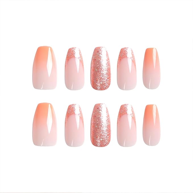Gradient Orange Press on Nails Short Coffin - Golden Glitter Short Fake Nails Press ons, Full Cover Glue on Nails Glossy Artificial Acrylic Nails for Women 24 Pcs