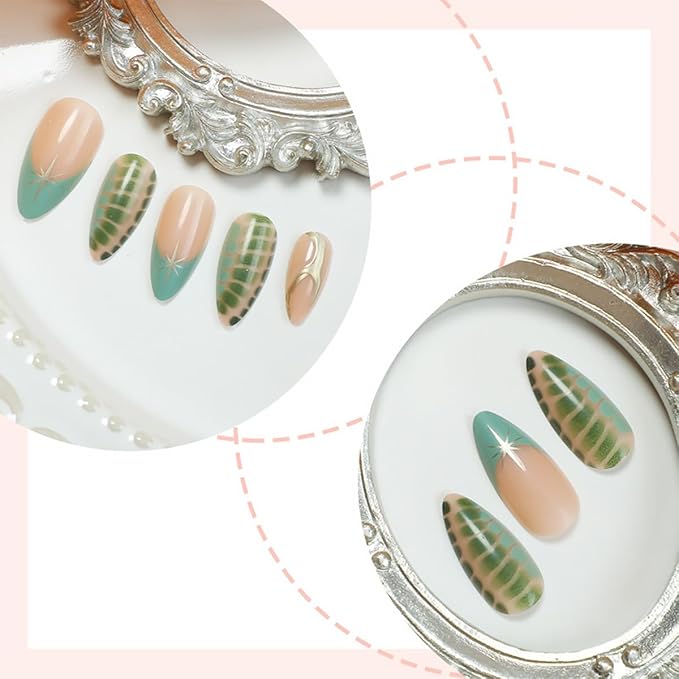 24Pcs Star Press on Nails Medium Almond Fake Nails with Green Turtle Pattern French Tip False Nails Glossy Artificial Nails Full Cover Artificial Glue on Nails Cute Stick on Nails for Women Manicure