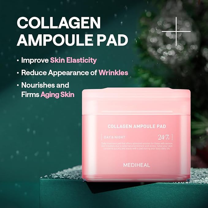 MEDIHEAL Toner Pads [Collagen] Ampoule - Holiday Gift Edition - Skin Firming & Restore Elasticity & Deep Hydration - Tighten Wrinkles & Lines - Vegan Moisturizing Fabric (100 Count)