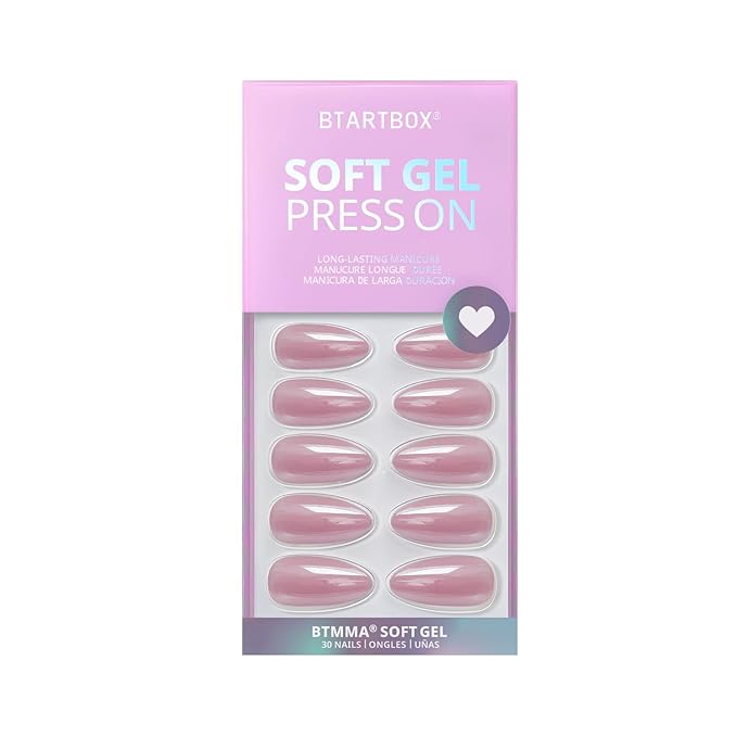 BTArtbox Press On Nails Almond - Soft Gel Press on Nails Pink Chrome Nails, Light Weight & Fit Perfectly, Natural Fake Nail with Nail Glue, Medium Glue On Nails in 15 Sizes - 30 Nail Kit, Lotus Glazed