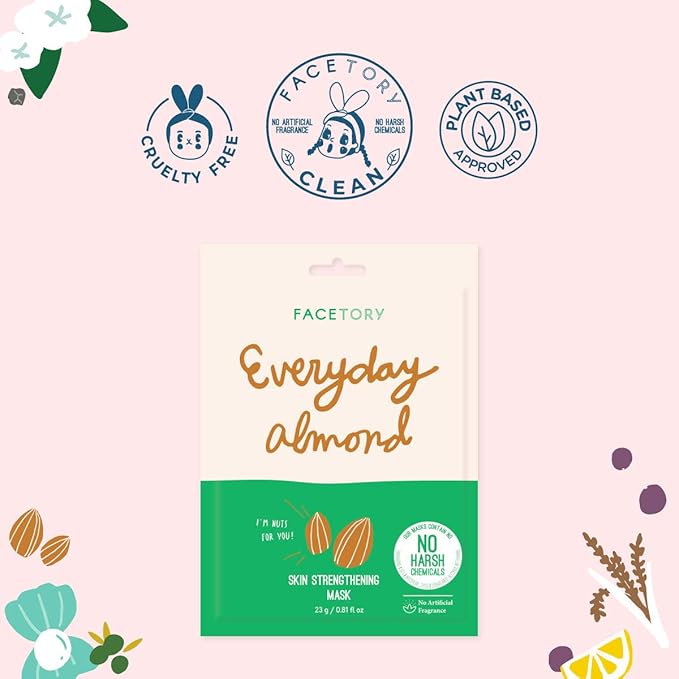 FACETORY K Beauty Face Mask Skin Care - Everyday ALMOND Skin Strengthening Sheet Mask | Plant-Based with Sweet Almond Oil (10 Pack)