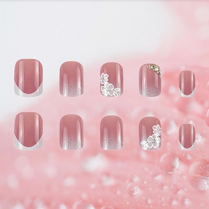 24Pcs Flower Press on Nails French Tips Short Square False Nails Silver Glitter Stick on Fingernails Glossy White gradient Acrylic Fake Nail Rhinestones Gel Glue on Nail for Coquette Women Girls