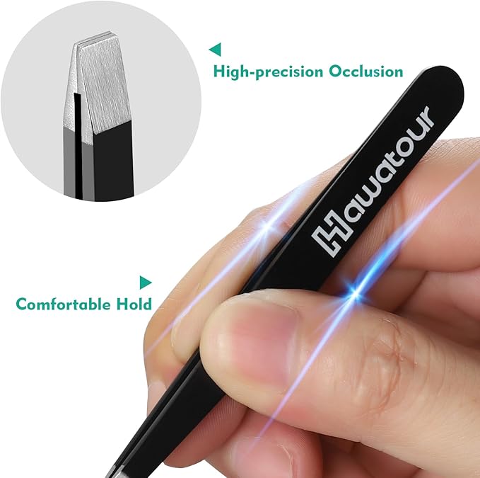 HAWATOUR Tweezers Set, 4Pcs Eyebrows Tweezers for Women, Great Precision for Ingrown Hair, Splinter, Facial Hair Removal, Black