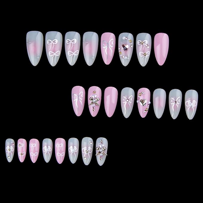 24Pcs Handmade Press On Nails Fake Nails with 3D Diamond Designs French Press on Bow False Nail Full Cover Rhinestones Love Stick on Nails For Women Medium Almond Nail Tips Set