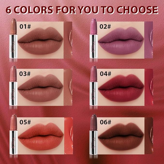 evpct 6Pcs Matte Lip Crayon Bar Set, Maroon Plum Purple Nude Brown Brownish Red Rose Orange Matte Lipsticks, Long Lasting Waterproof Lips Stick for Women, Creamy Smooth High Pigment Velvet Lipstick