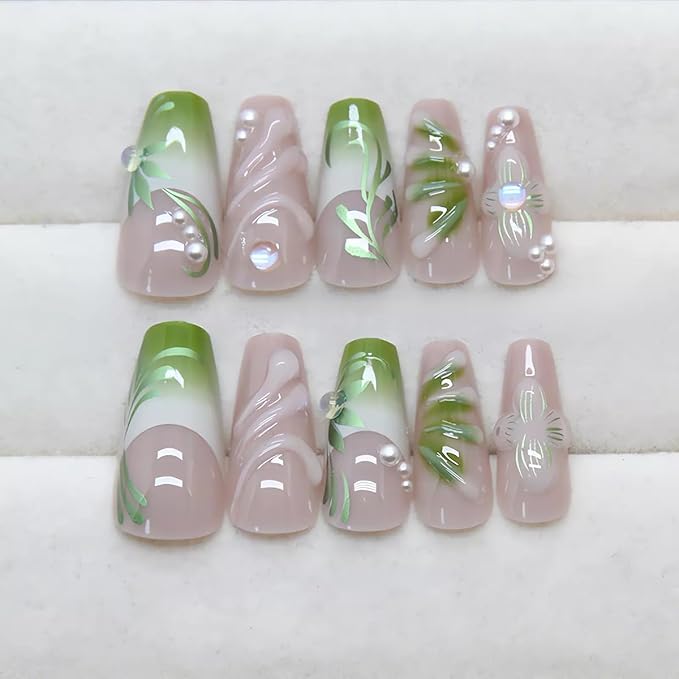 3D Press on Nails Acrylic Rhinestone Fake Nails Long Coffin Gradient Nude Green with Leaf Design Artificial Nails Pearl Accents Glue on Nails for Women Girls, 24Pcs