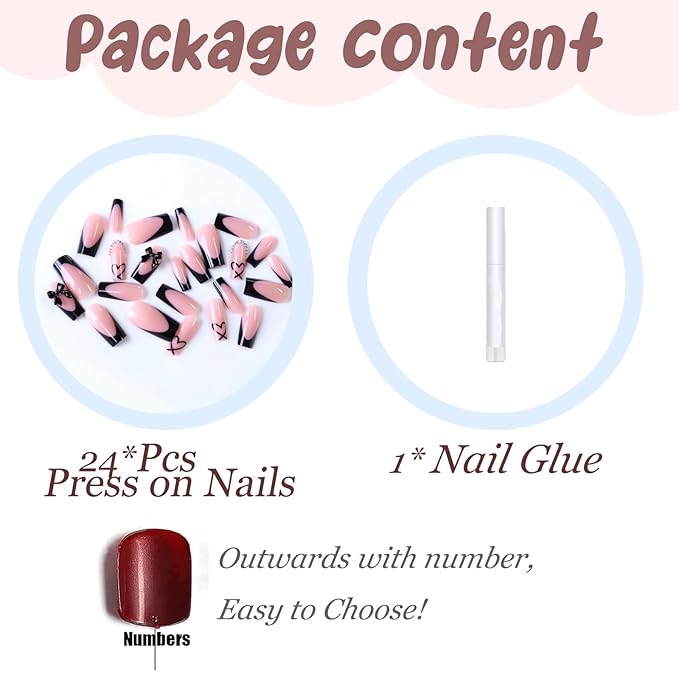BABALAL Press on Nails Long Square Fake Nails Black French Tip Glue ons with Bow Charm Rhinestone Shiny Supplies 24Pcs Manicure Full Cover Acrylic False Nails