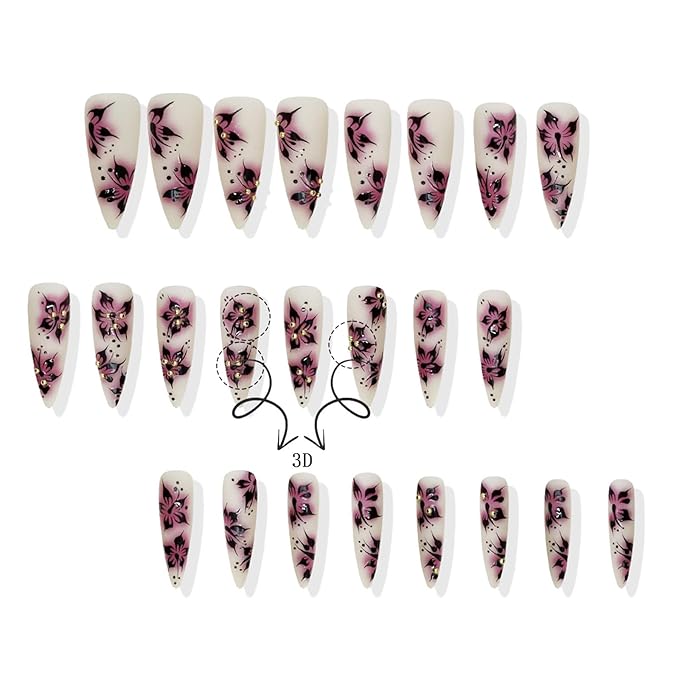 24Pcs 3D Flower Press on Nails Polk Dots Gel Glue on Acrylic Fake Nails Blood Flowers Press ons Fingernails Matte Pink Gradient Long Stiletto False Nail Pearls Stick on Nail for Holiday Manicure Art