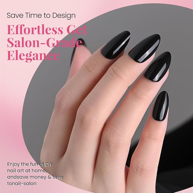 evpct Glossy Press on Nails Short Almond Short for Women, Black Fake Nail with Glue Salon Quality Reusable Stick on Nails In 15 Sizes 30Pcs Full Cover False Nail Soft Gel Set Kit for Gift, 29
