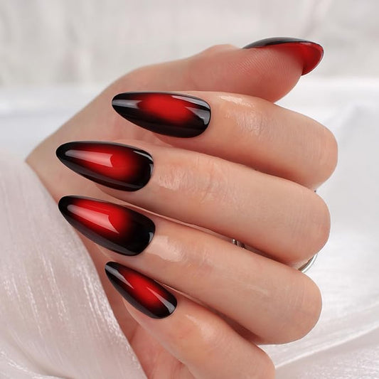 Medium Almond Press On Nails – Red and Black Gradient Glossy Acrylic Fake Nails, 24PCS Reusable Stick On Nails Kit with Glue & Tools for Women, Shiny Vampire Ombre Nails for Party & Everyday Wear
