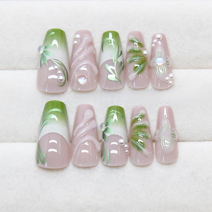 24pcs French Tip Press on Nails Long Coffin Fake Nails with 3D Flower Vines Pearl Designs Summer False Nails Green Floral Stick on Nails 3D Acrylic Nail Tips Full Cover Glue on Nails for Women