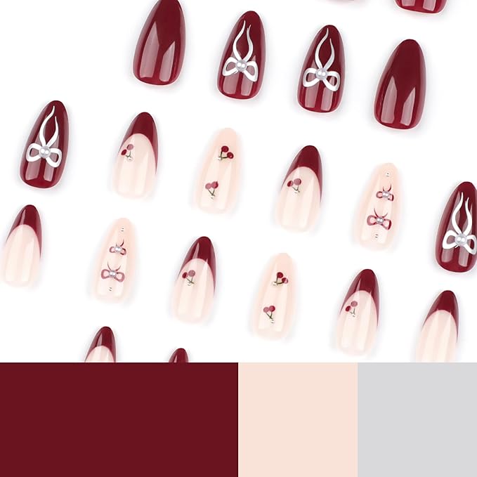 Red French Tip Press on Nails Cherry Fake Nails Short Almond False Nails with Pearl Design Bow Glue on Nails Glossy Artificial Acrylic Full Cover Nude Stick on Nails for Women Manicure 24Pcs