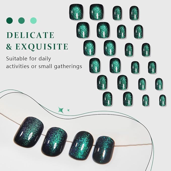 evpct Green Cat Eye Extra Short Press on Nails Square, Petite Short Square Glue on Nails for Women Gift, Emerald Green Metallic Glitter Glossy Reusable Gel Press on Acrylic Fake Nail with Designs
