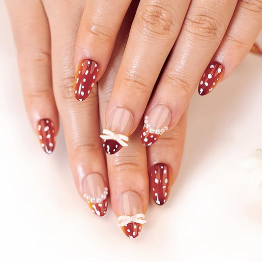 Burnt Sienna Press On Nails Short Almond, cute Fake Nails with 3D Pearl & Bow Embellishments, White Polka Dot Detail, Glossy Gel Finish Acrylic Nails, Natural Reusable Glue On Nails Kit for Women
