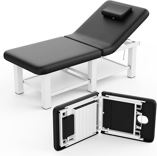 Folding Stationary Massage Table with Backrest and Storage Space, 6 Square Legs Metal Frame PU Leather, 30.5'' Wide × 75'' Long for Treatment Table Physical Therapy Table Spa Facial Bed, Black