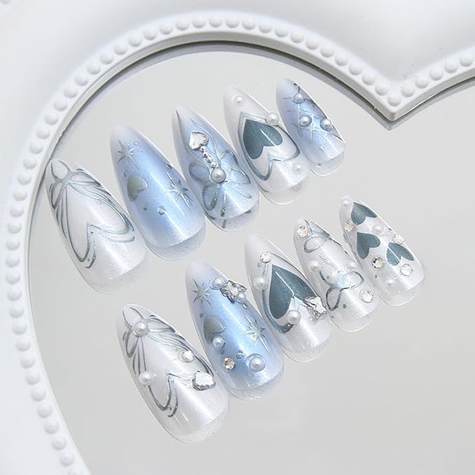 Blue Press on Nails Almond Fake Nails Silver Bow Heart with Rhinestone Design Star False Nail Pearl Stick on Nails Artificial Glossy Glue on Nail Full Cover Long Nail for Women Salon Manicure