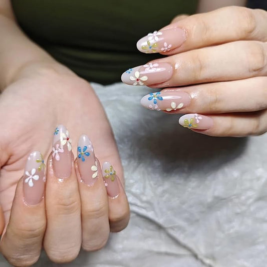 30Pcs White French Tip Press on Nails Medium Almond Fake Nails Nude Pink False Nails with Colorful Flower Designs Glossy Cute Acrylic Nails Full Cover Artificial Nails Summer Stick on Nails for Women