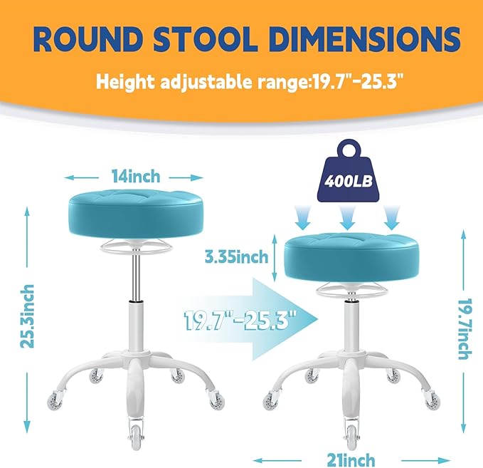 Rolling Stool Heavy Duty 400lb: Super Soft Seat Cushion,360° Swive,Height Adjustability,No Squeaky Noises,No Tip Over,New Upgraded stool Salon Stool Chair, Tattoo Facial Massage Spa Medical(Cyan)