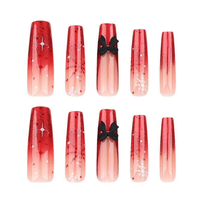 Christmas Press on Nails New Year Long Square Fake Nails Red French Tip False Nails Snowflake Design Full Cover Glossy Glue on Nails for Women 24PCS