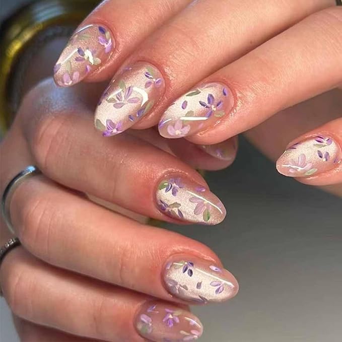 Almond Press On Nails - Medium French Tips Nude Glossy Full Cover Nails for Women - 30 PCS/Set