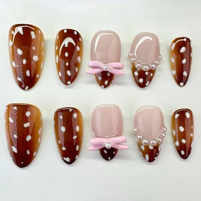 Fall Brown Press on Nails Short Almond French Tip Fake Nails with Cute Polka Dots Design Pink Bow Acrylic False Nails Pearl Stick on Fingernails Glossy Artificial Glue on Nail for Women 24Pcs