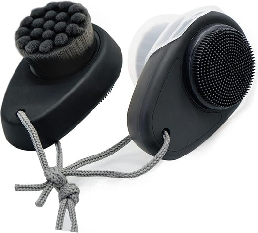 2 Pack Facial Cleansing Brushes, Face Brush with 2-in-1 for Deep Pore Cleansing and Exfoliation, Silicone Scrubber & Soft Bristle Sides (Black & Black)