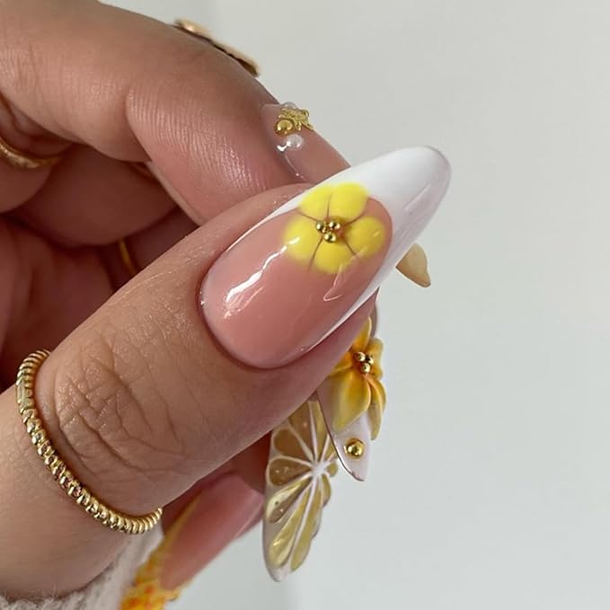 Flower Press on Nails Medium Almond Fake Nails 3D Lemon Gold Bead Star Designs Stick on Nails White French Tip False Nails Handmade Reusable Acrylic Glue On Nail for Women Manicure 24Pcs