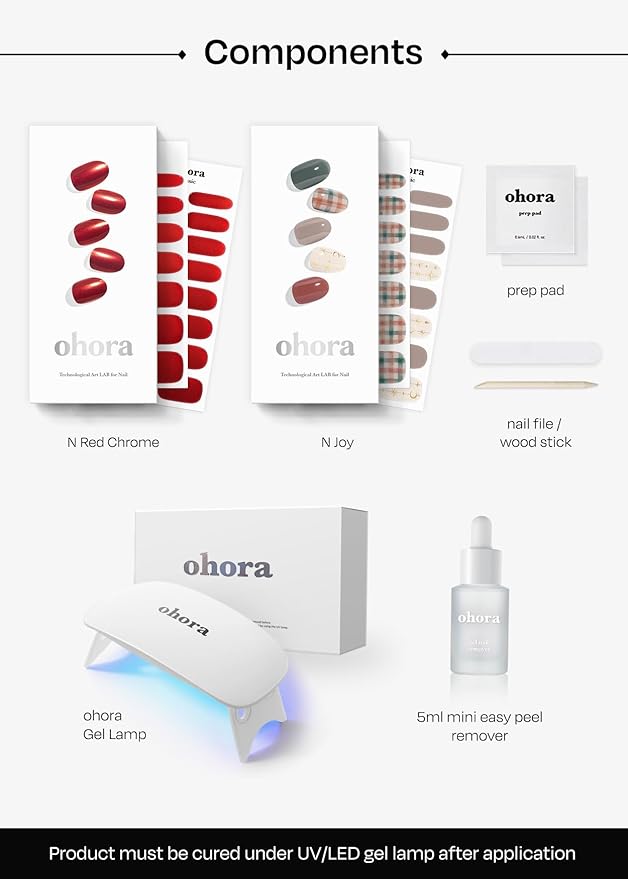 ohora Semi Cured Gel Nail Strips ([2025 Christmas Set] N Red Chrome & N Joy) - Works with Any Lamps, Salon-Quality, Long Lasting, Easy to Apply & Remove