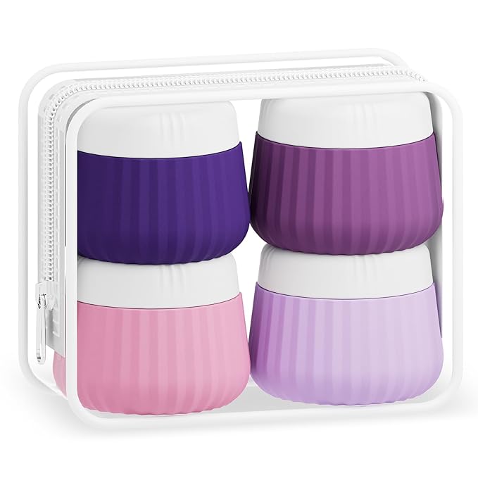 Travel Containers for Toiletries 4 Pack, TSA Approved Travel Size Toiletries, Travel Size Containers, With Clear Bag Leak Proof Silicone Jars, Travel Essentials Creams Jars Carrying Small Items