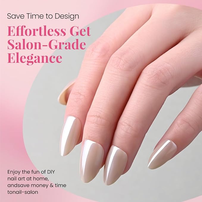 Press on Nails Short Almond - Nude Beige Chrome Glazed Glossy Press on Nail Tips Glue On Nails with Nail Glue for Gift, Reusable Stick On Nails in 15 Sizes 30 Full Cover Acrylic Soft Gel Fake Nail Kit