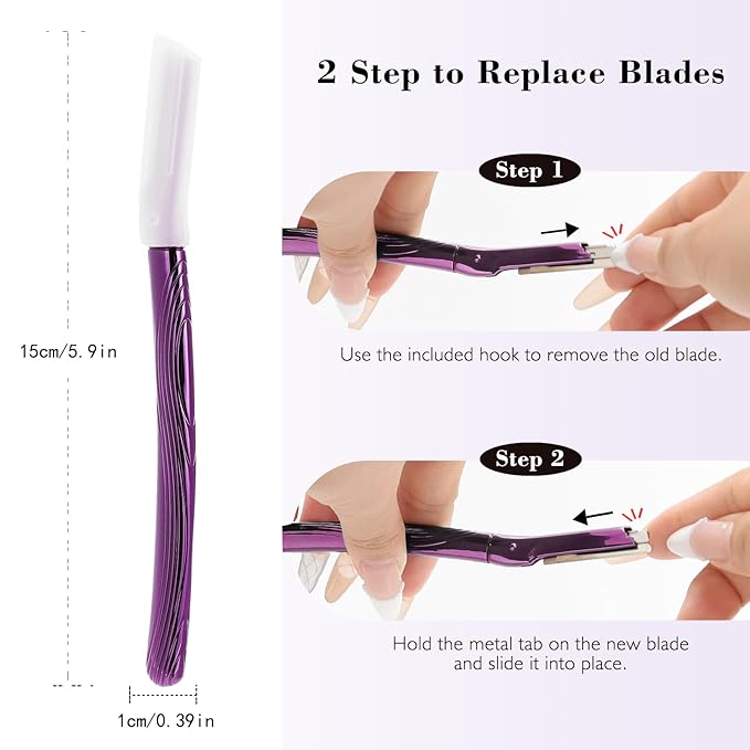 Dermaplane Razor for Women and Men, Eyebrow Razor with Precision Cover, Peach Fuzz Dermaplaning Tool, Exfoliating Facial Razor Reusable Metal Handle with 6 Blades - Purple