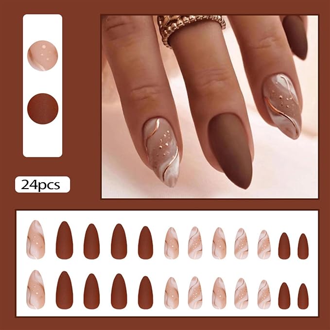 Almond Press On Nails - Marble Design, Glossy Brown, 24 Pcs