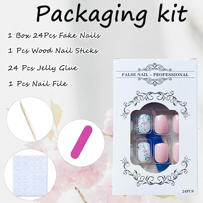 Square Press on Nails Short Fake Nails Full Cover Glossy Acrylic Nails with Designs Natural Nude False Nails Spring Flower Stick on Nails Reusable Pink Glue on Nails for Women DIY Manicure