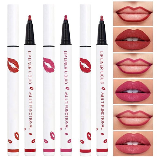 Kaely 3Pcs Dark Red Pink Rose Pink Longwear Liquid Lip Liner Waterproof, 24 Hour Long Lasting Lip Liner Stain Marker Pen, 2-in-1 Matte Semi Permanent Lipliner & Lipstick, 01+02+04