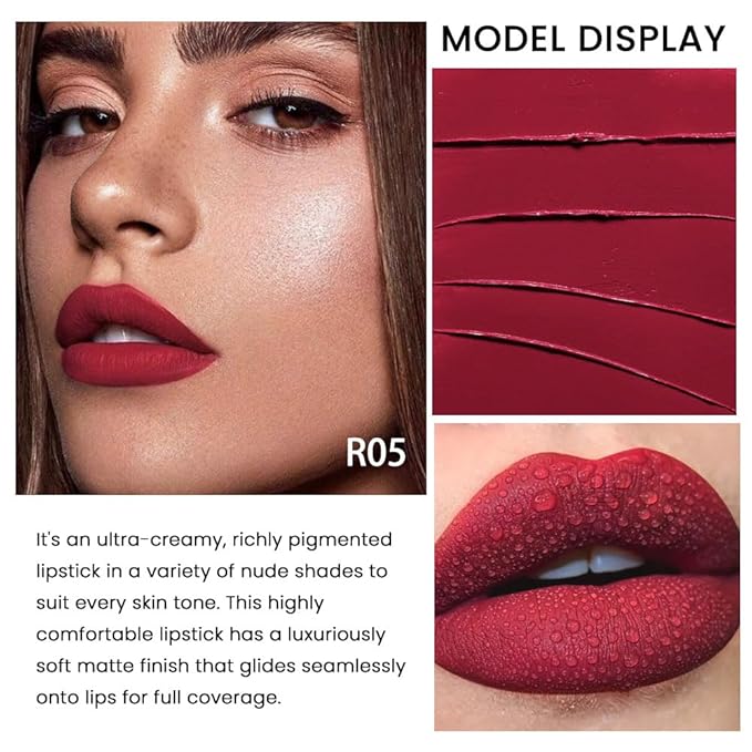 evpct 1Pcs Dark Rose Red Lipstick, Silky Velvet Matte Lipstick Pack Sets for Women, Long Lasting Smudge Proof Lipstick Lip Stain Makeup Kit matte lipstick 24 hours original R05
