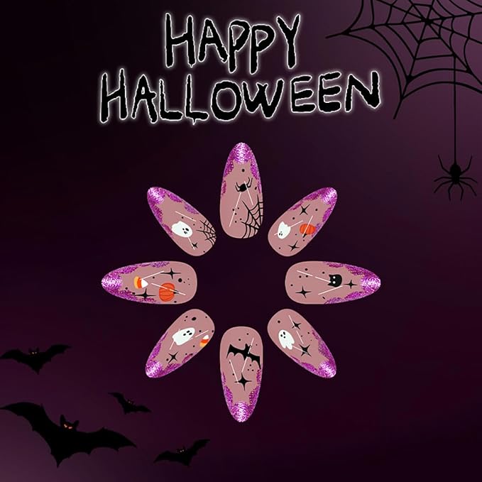 Halloween Press on Nails Medium Length Fake Nails Purple False Nails Spider Ghost Pumpkin Star Spider Web Bat Design French Tips Stick on Nail for Women Decoration Holiday Manicure Supplies