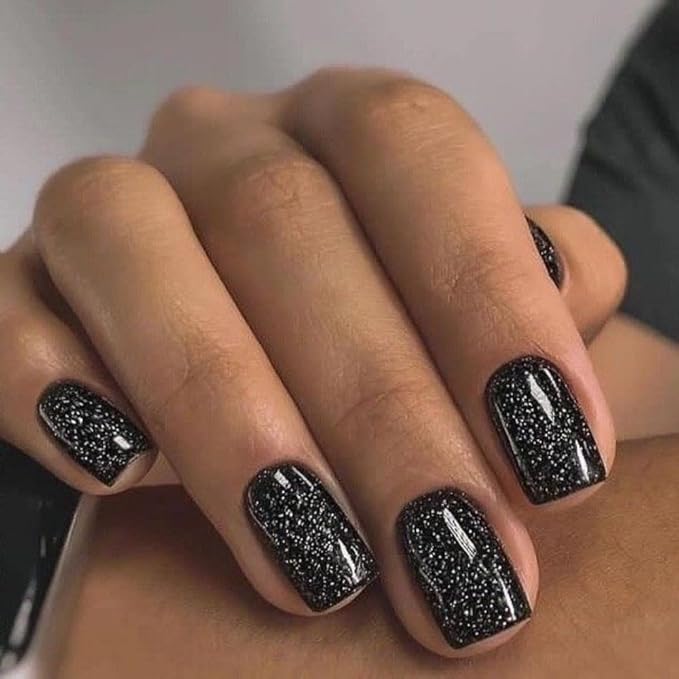 Modelones 32Pcs Sparkle Black Press on Nails, Glitter Short Christmas Square Fake Nails, Reusable Nail Kit with Nail Glue Adhesive Tabs Mini Nail File, Nails Press Ons 16 Sizes