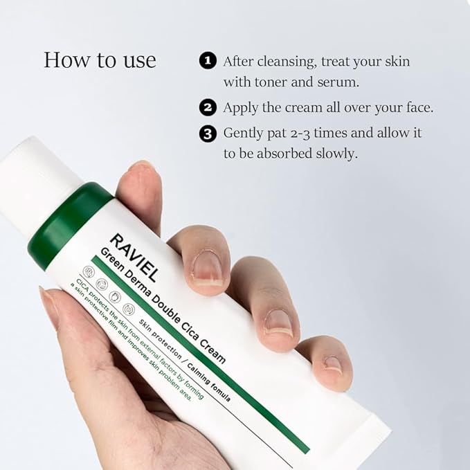 RAVIEL Green Derma Double Cica Cream | Redness relief for face | Calming & Soothing Skin barrier moisturizer for Sensitive Skin | Korean skin care (1.69 fl oz, Pack of 2)