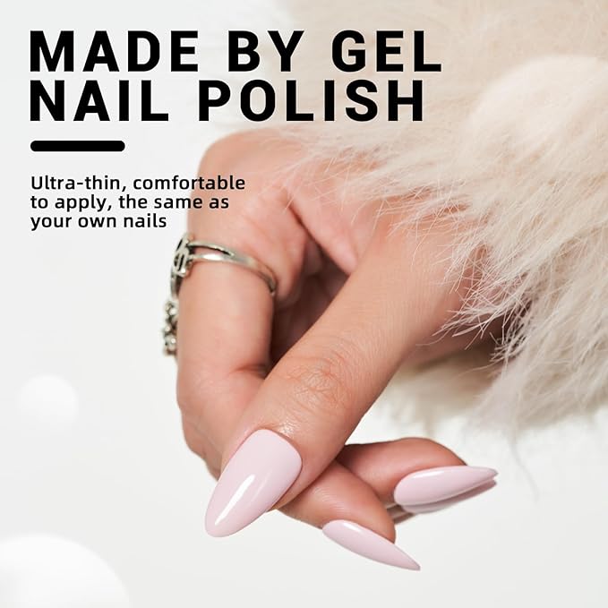 WOOYAS Press On Nails Almond, White Pink Fake Nails Glossy Solid Color False Nails Gel Finish, Supremely Fit & Natural Handmade Glue On Nails for Women and Girls 24Pcs