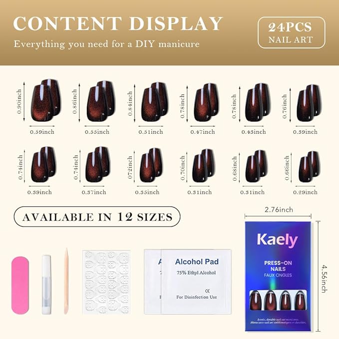 evpct Reddish Brown Cat Eye Coffin Press on Nails Square Medium, Medium Square Glue on Nails for Women Gift, Wine Red Metallic Glitter Glossy Reusable Spring Summer Gel Press on Acrylic Fake Nail