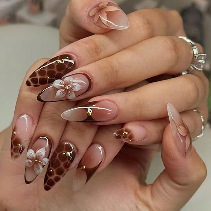 24Pcs Brown Flower Press on Nails Almond Medium Fake Nails with 3D Flower Bead Designs Leopard Brown Acrylic Nails Artificial Glue on Nails Full Cover Fall Stick on Nails for Women
