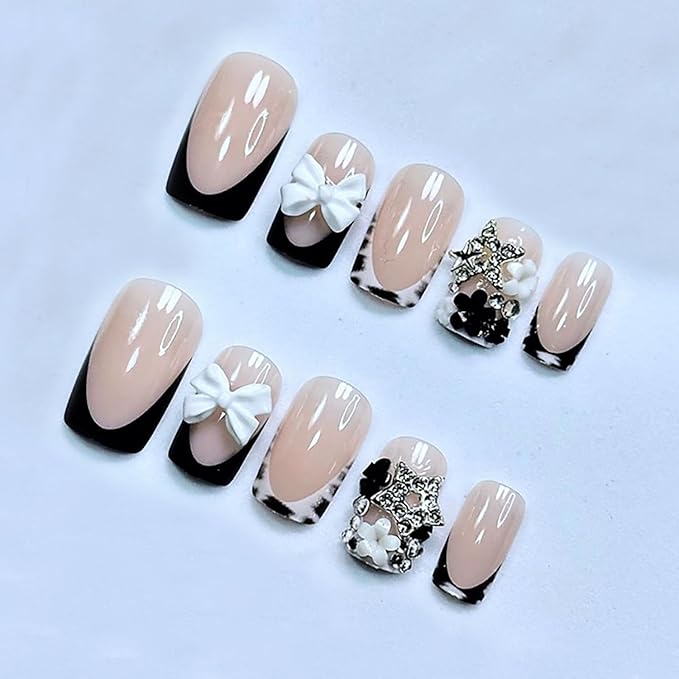 24Pcs Black French Tip Press on Nails Short Square Fake Nails with Bow Flower Star Rhinestones Leopard Designs French Acrylic Nails Stick on Nails Nude False Nails Floral Glue on Nails for Women