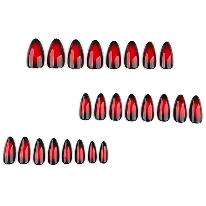 Red Press on Nails Black Ombre Fake Nails Medium Almond False Nail Glossy Full Cover Glue on Nail Artificial Acrylic Dark Stick on Nail for Women Girls Christmas Manicure 24Pcs