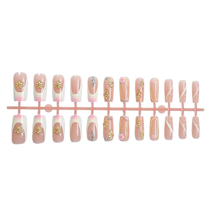Long Press on Nails Square Fake Nails Pink Artificial Nail Flowers Stick on Nail for Women 24pcs